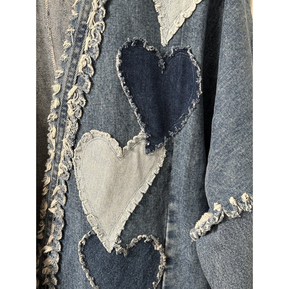 Vintage Boho Rag Denim Jean Jacket Frayed Fringe Heart Pockets Handmade Funky L - Picture 6 of 10